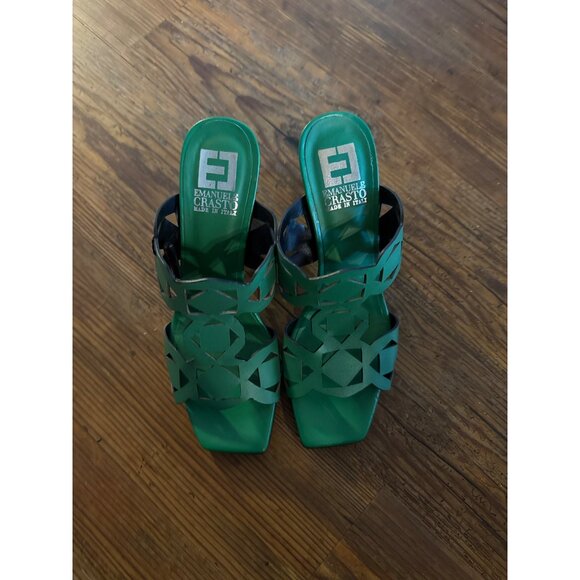 Emanuel Crasto Leather Laser-Cut Wedge Sandals Green Italy-Made Size 38 New - Picture 3 of 7